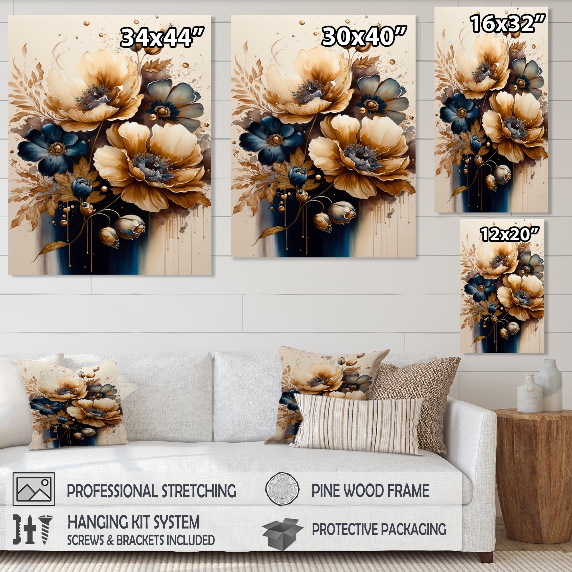 Designart Brown And Gold Poppy Flowers Canvas Wall Art
