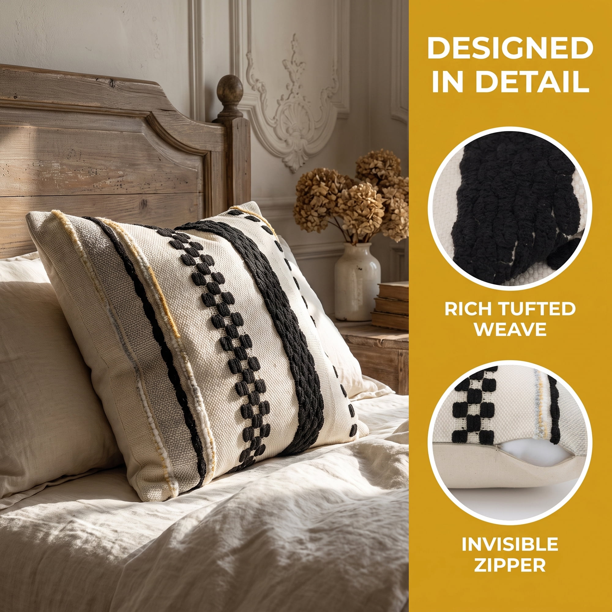 Unique Bargains 3D Chenille Tufted Throw Pillow Cover Grid Stripe Case Black 18"x18"