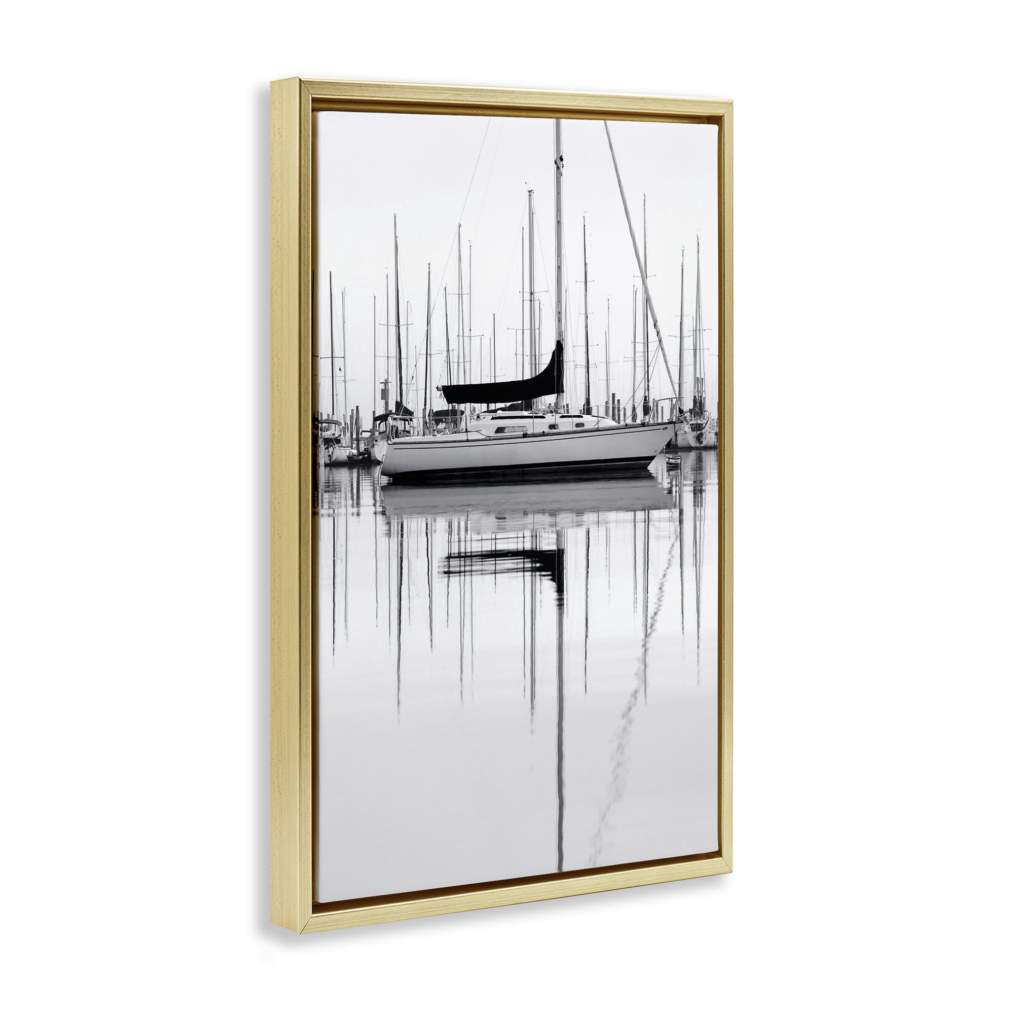 Stupell Industries Monochrome Boat Harbor Transportation Photography Gold Floater Framed Canvas Art Print Wall Art, 21 x 31