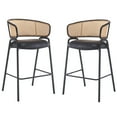 thumbnail image 2 of Modern Bar Stools, Counter Height Stools with Black PU Leather Seat and Woven Rattan Backrest, Industrial Dining Stools for Kitchen Island, Lounge, Bar Counter, Set of 2, 2 of 10
