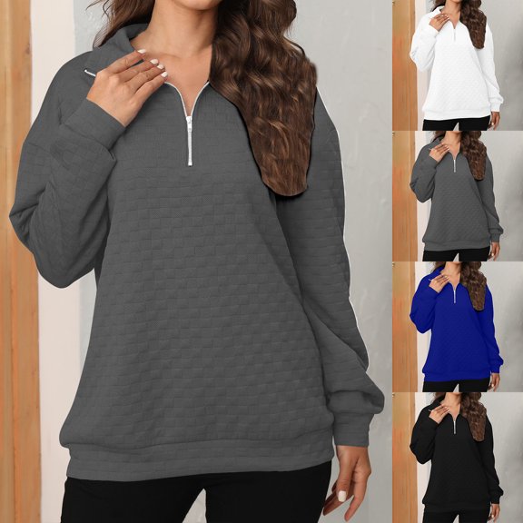 Hilzaten Womens Solid Sweatshirt Loosse Drop Shoulder Pullover Womens Collared Sweatshirt