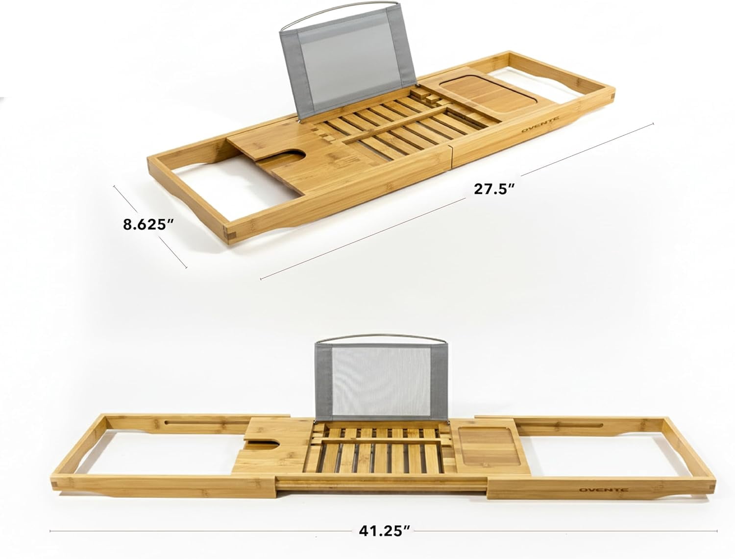 OVENTE Bathtub Tray Caddy, Expandable Bamboo Bath Tray Table, Wooden Tub Board with Books, Tablets, Phone and Wine Glass Holder, Bathroom Accessories and Home Spa Essentials, Wood BTC20228