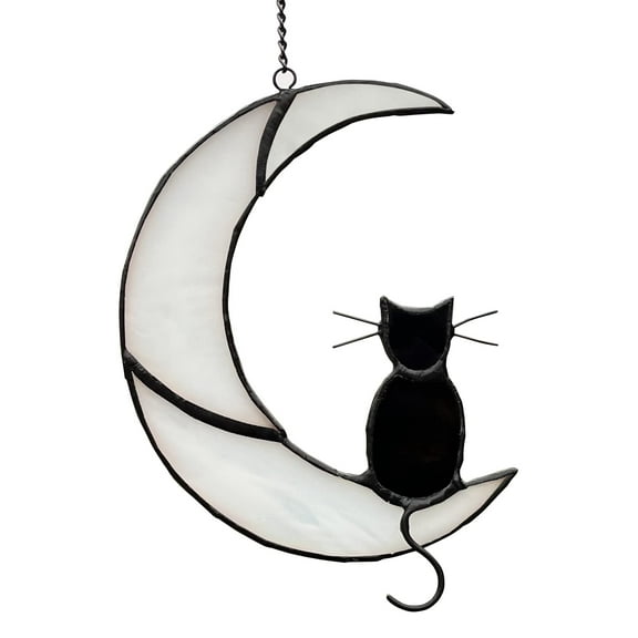 Black Cat Decor On White Moon Stained Glass Window Hanging Suncatcher for Windows Panels Sun Catcher Halloween Ornament Decoration Memorial Gift for Lover Cat Loss