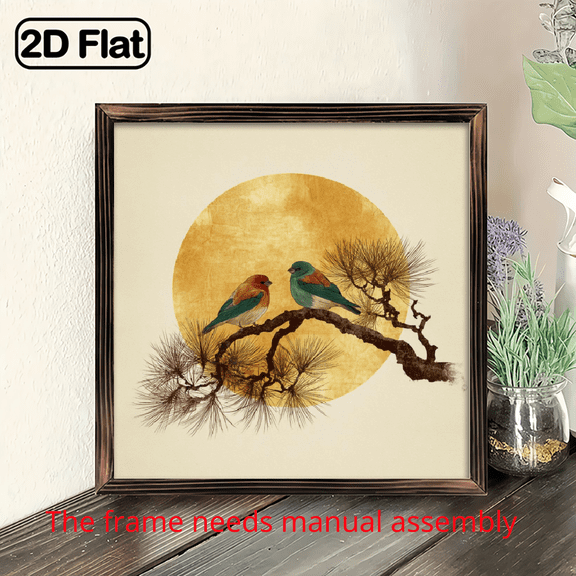 Translation: 8x8 inch framed wood panel print, two whimsical birds on a branch, vintage style, .