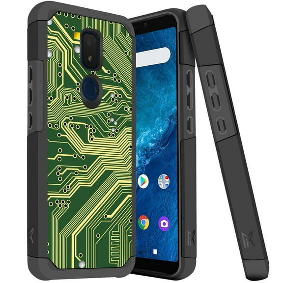 ANJ  Slim Dual Layer Hybrid Shockproof Case   Tempered Glass Cover for Cricket Icon 3, Splendor, AT&T Motivate 2 - Green Circuit