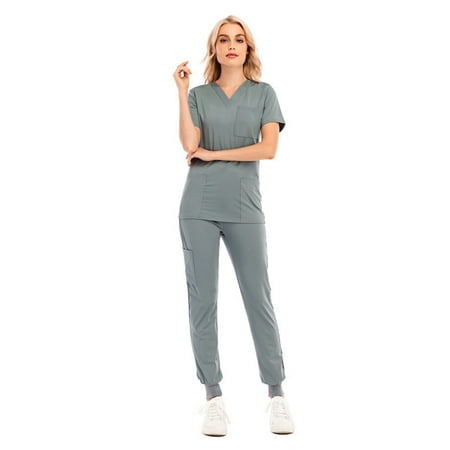 

Womens Casual Sports Suit Jogging Pants Solid Color V-Neck Short-Sleeved Pocket Nurse Uniform Suit
