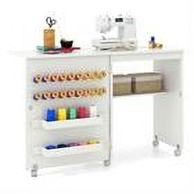 Kepooman Office Desks,Sewing Tables,Folding Sewing Table with Storage Shelf and 5 Lockable Wheel-White