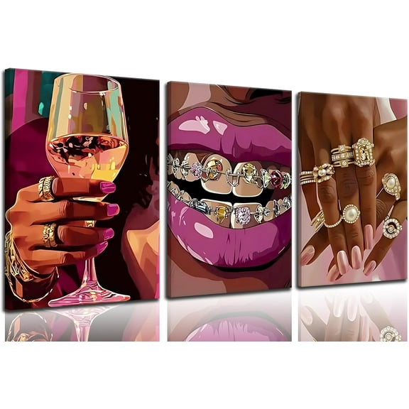 3Pcs Pink Fashion Black Girl Canvas Wall Art African American Black Woman Wall Decor Pictures Gorgeous Black Girl Posters Prints for Living Room Bedroom Bathroom Artwork Home Decoration Und