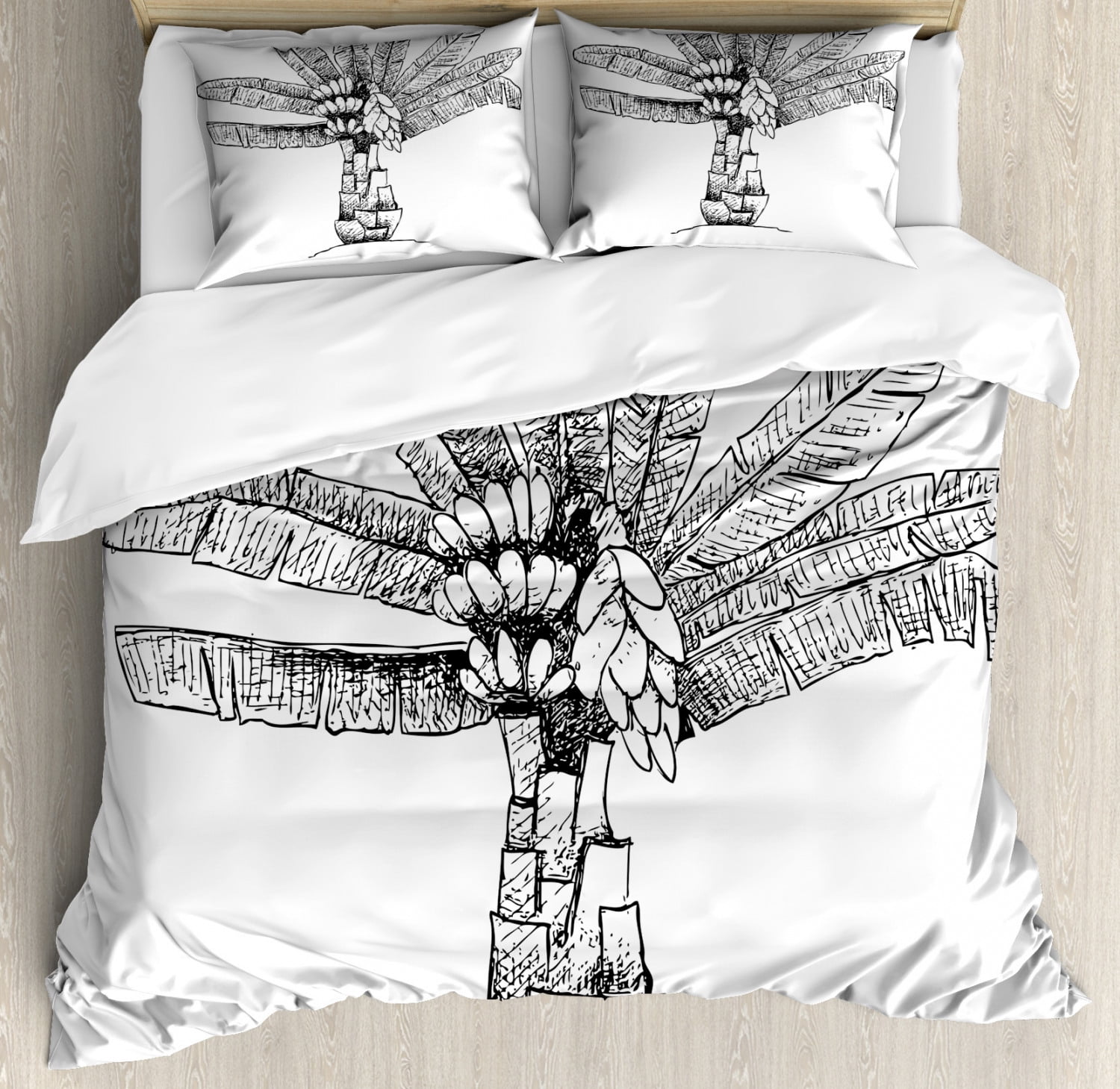Banana Leaf King Size Duvet Cover Set, Sketch Art Image of Ensete