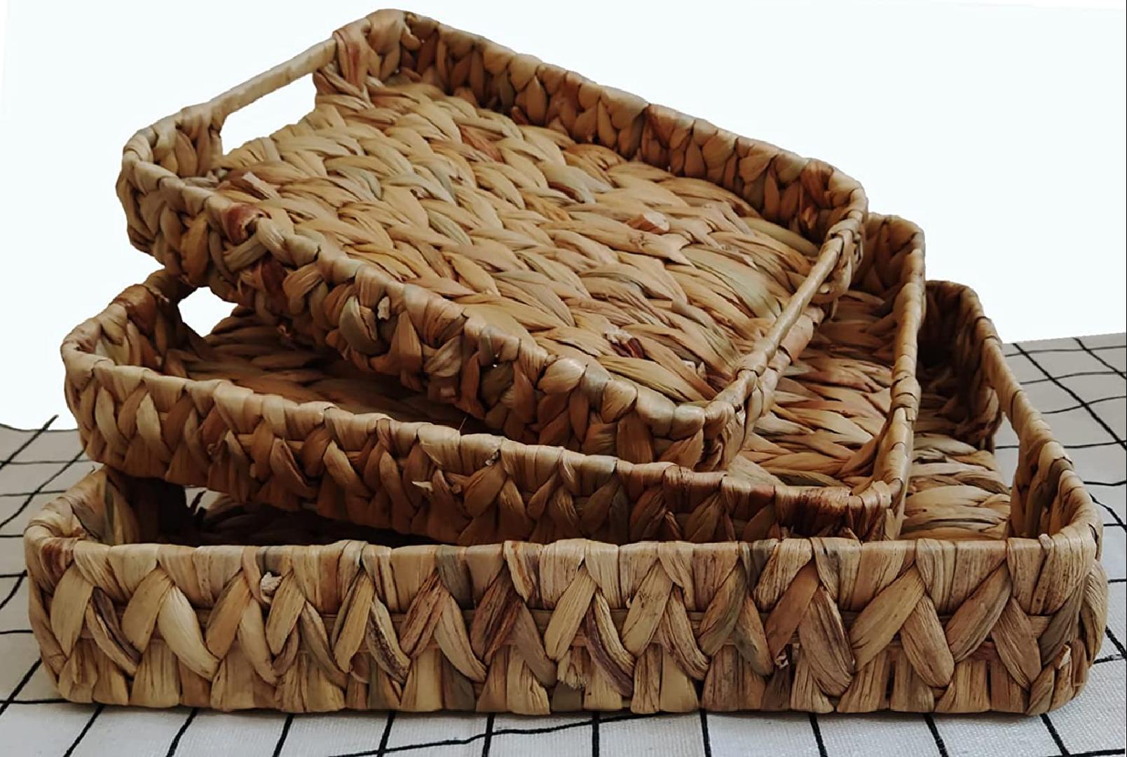 Set of 3 Grass Weaving Tray，HandWeaving Natural Water Hyacinth Storage