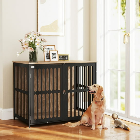 PawHut Dog Crate Furniture, 39" Dog Cage Furniture End Side Table w/ Anti-Chew Resistant Mesh, Anti-Escape Single Door, for Large Dogs, Walnut Brown