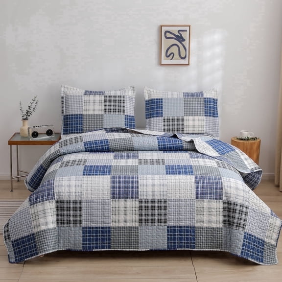 3 Piece Quilt Set Queen/Full Size Bedspread Coverlet Mens Plaid Patchwork Bedding Reversible Quilt Queen Microfibers Bedspread Coverlet Lightweight Bedding for All Season Black Blue