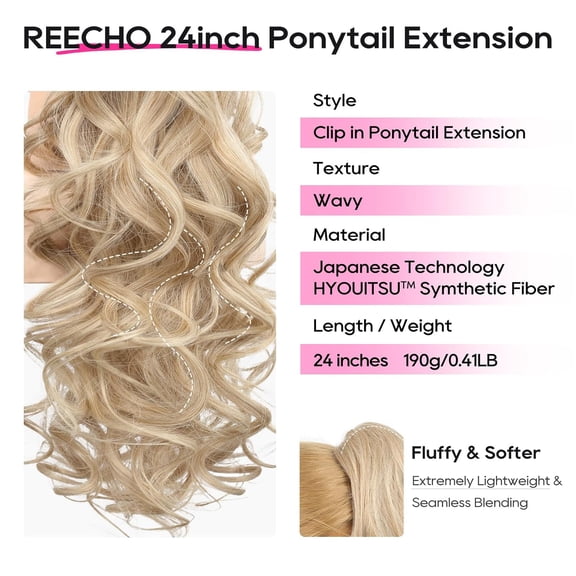 WEIF-Ponytail Extension, 24" Claw Clip in Long Curly Wavy Ponytail Hair Extension Jaw Clip on Pony Tails Hairpiece for Women - Medium Blonde with Pale Highlights