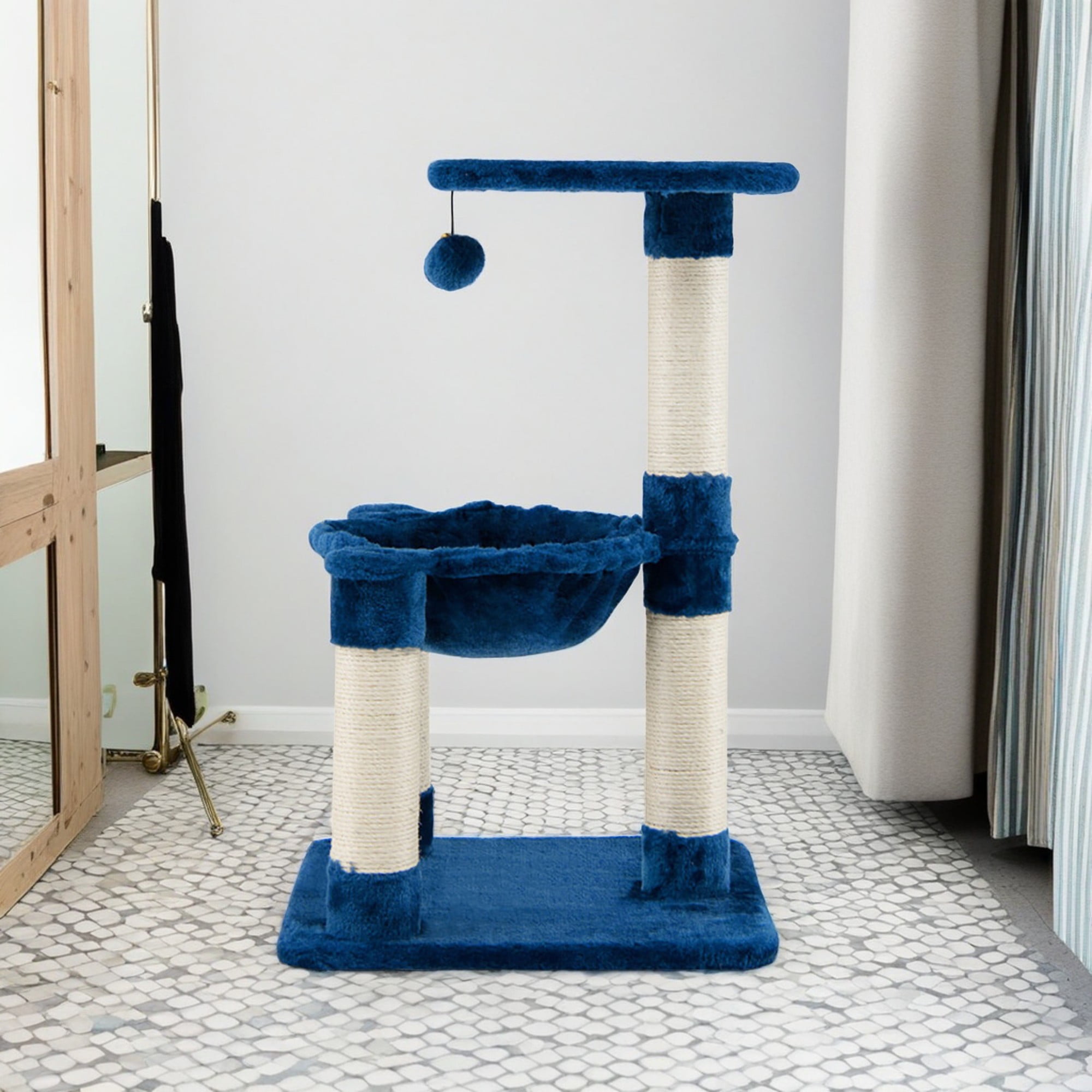 Kadyn 25" Cat Scratching Post, Sisal Rope Scratcher Tree with Hammock and Dangling Ball, Multi-level Cat Tree for Kittens and Adult Cats, Blue