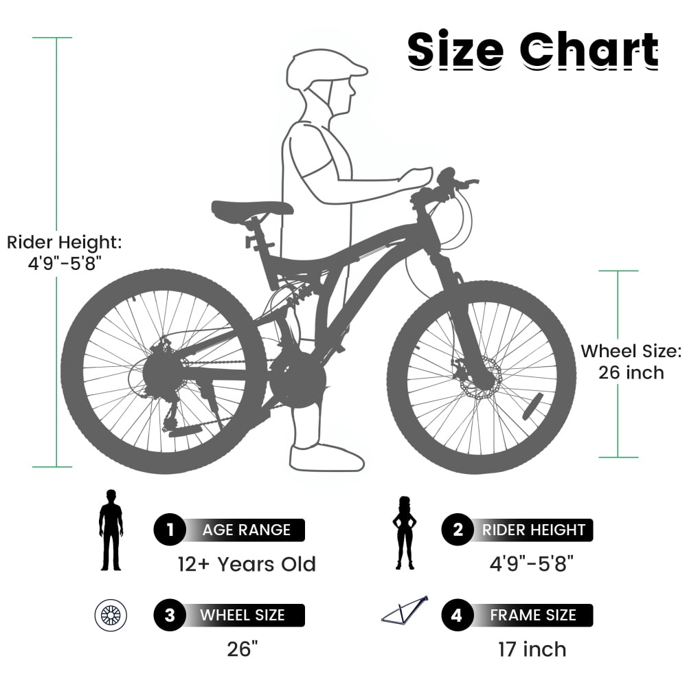 A26003 26 Inch Mountain Bike with 21-Speeds & Full Suspension Steel Frame, Alloy Rims, Disc Brakes For All Terrains, Men & Women, Multiple Colors