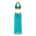 thumbnail image 4 of YiZYiF Women's Belly Dance Costume Halter Crop Top with Sequin Tassel Split Mesh Long Skirt 2Pcs Set Sky Blue A XL, 4 of 6