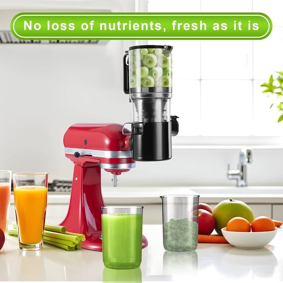 Masticating Juicer Attachment for Stand Mixer, Slow Cold Press with 4.5" Feed Chute and 2x28oz Cups