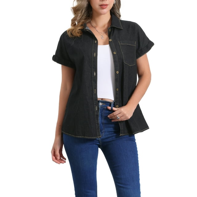 Camisa de mezclilla para mujer INSPIRE CHIC con cuello tipo polo, manga corta y botones, color negro