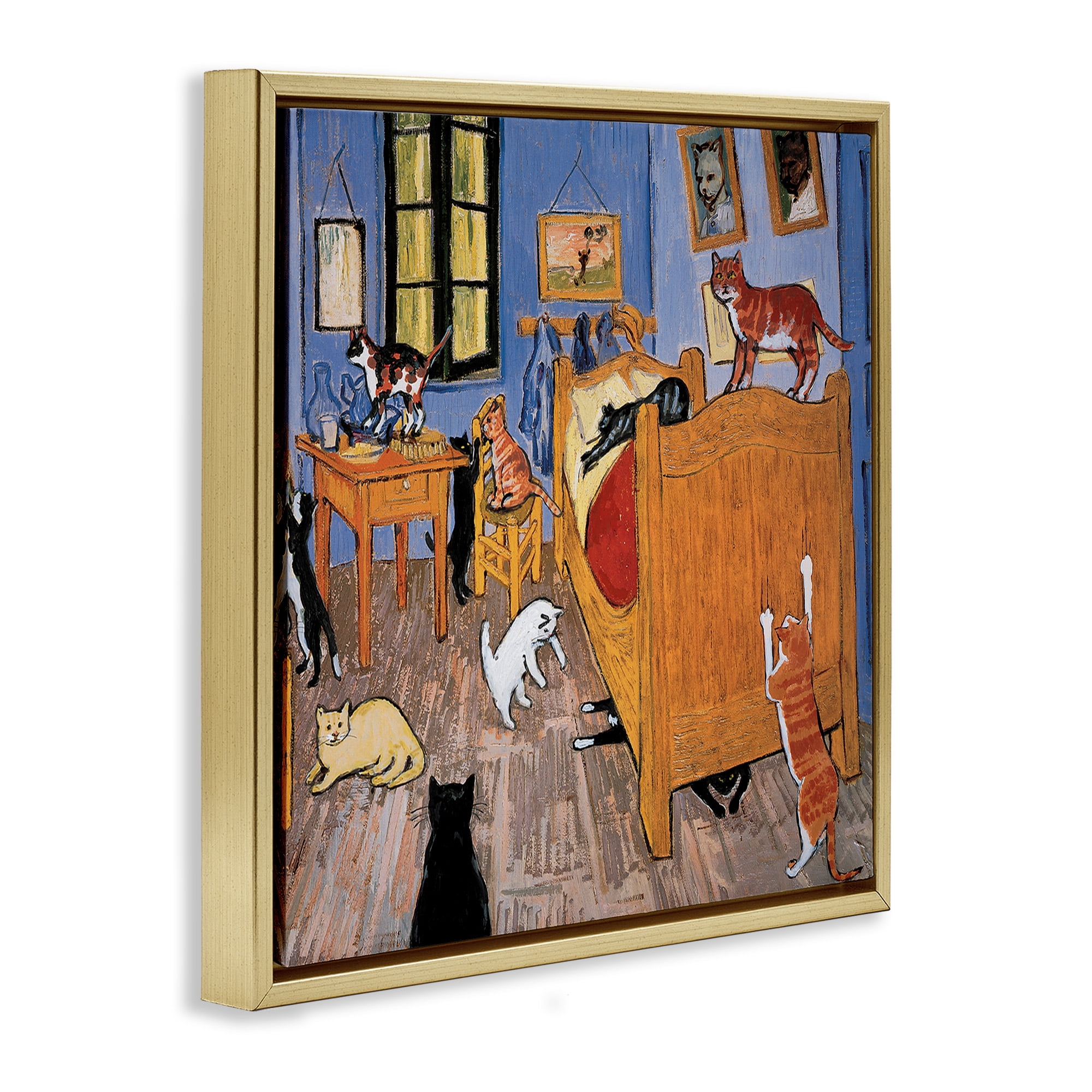 Stupell Industries Cats in Bedroom Classics Parody Animals & Insects Painting Gold Floater Framed Canvas Art Print Wall Art, 25 x 25