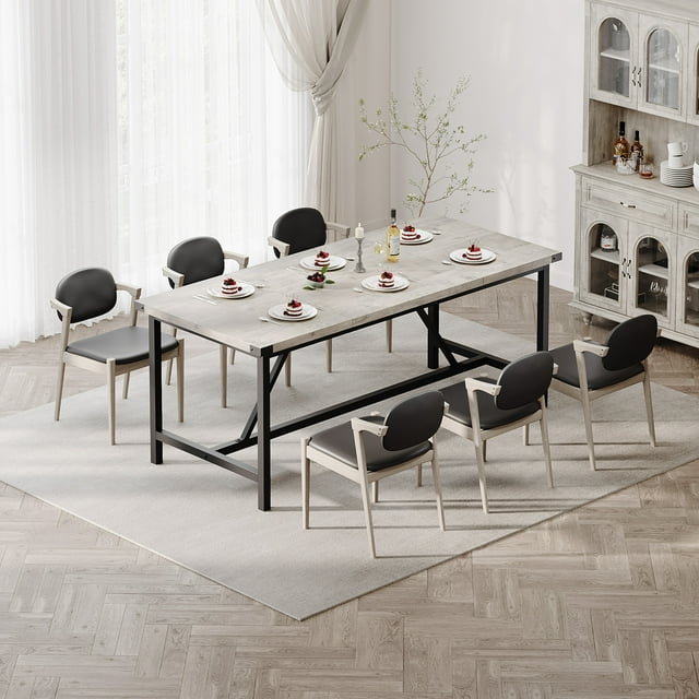 Large Farmhouse Dining Table, Wooden Rectangle Kitchen Table with Metal Legs, Industrial Computer Desk Home Office Desk, Modern Dinner Table for 6 to 8 People In Dining Room, Gray