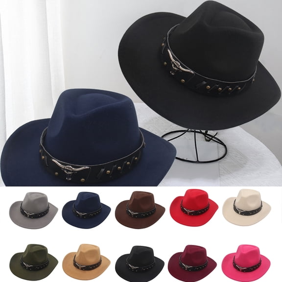 D-GROEE Womens Mens Cotton Western Cowboy Hat Felt Hat Outdoor Cow-head Decor Wide Brim Hat with Strap