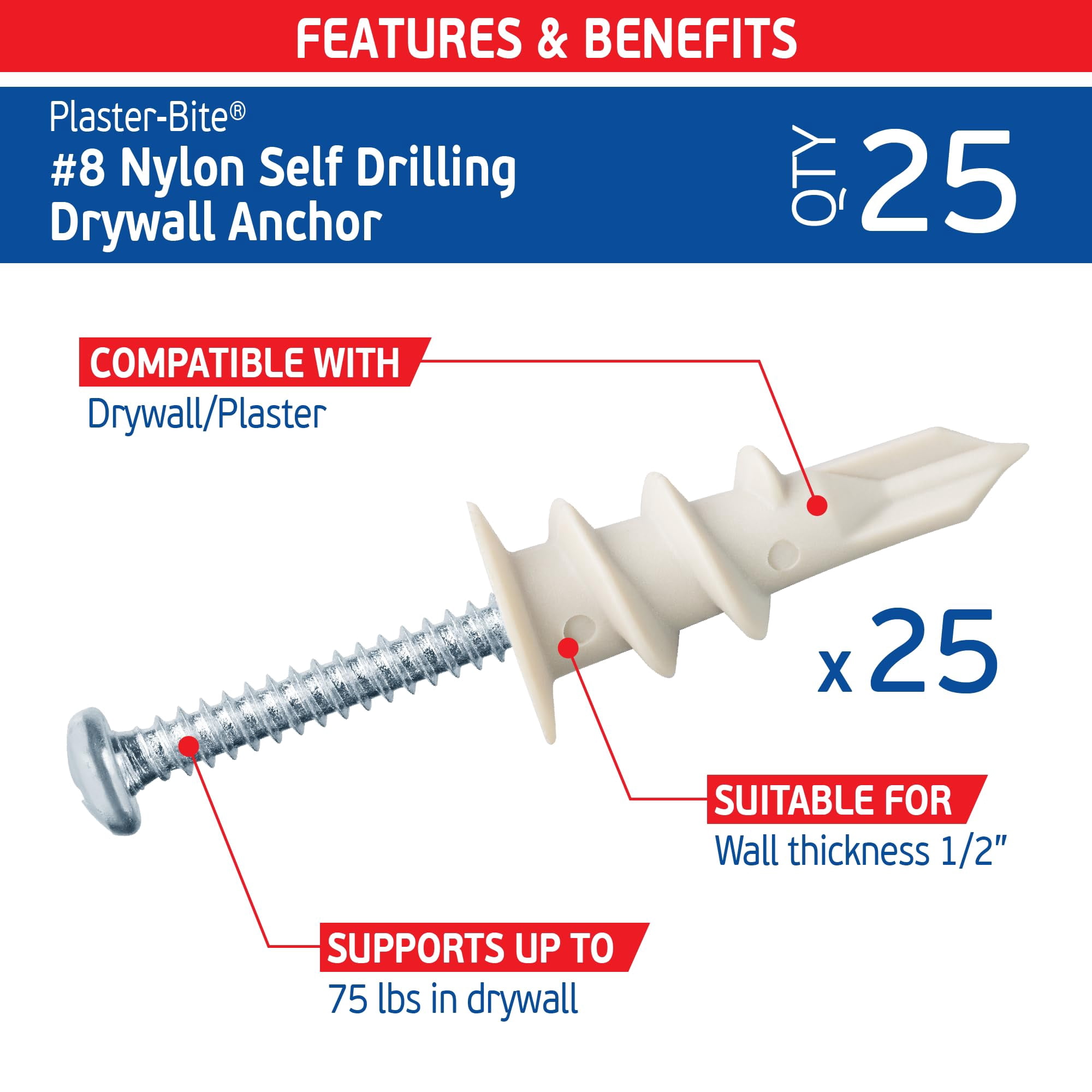 #8 Zinc Plaster Bite Self Drilling Drywall Anchors w/Screws (25 Anchors & 25 Screws) – Heavy Duty Zinc Hollow Wall Anchor Kit for 3/8", 1/2", 5/8" Drywall – 75 lbs Holding Strength