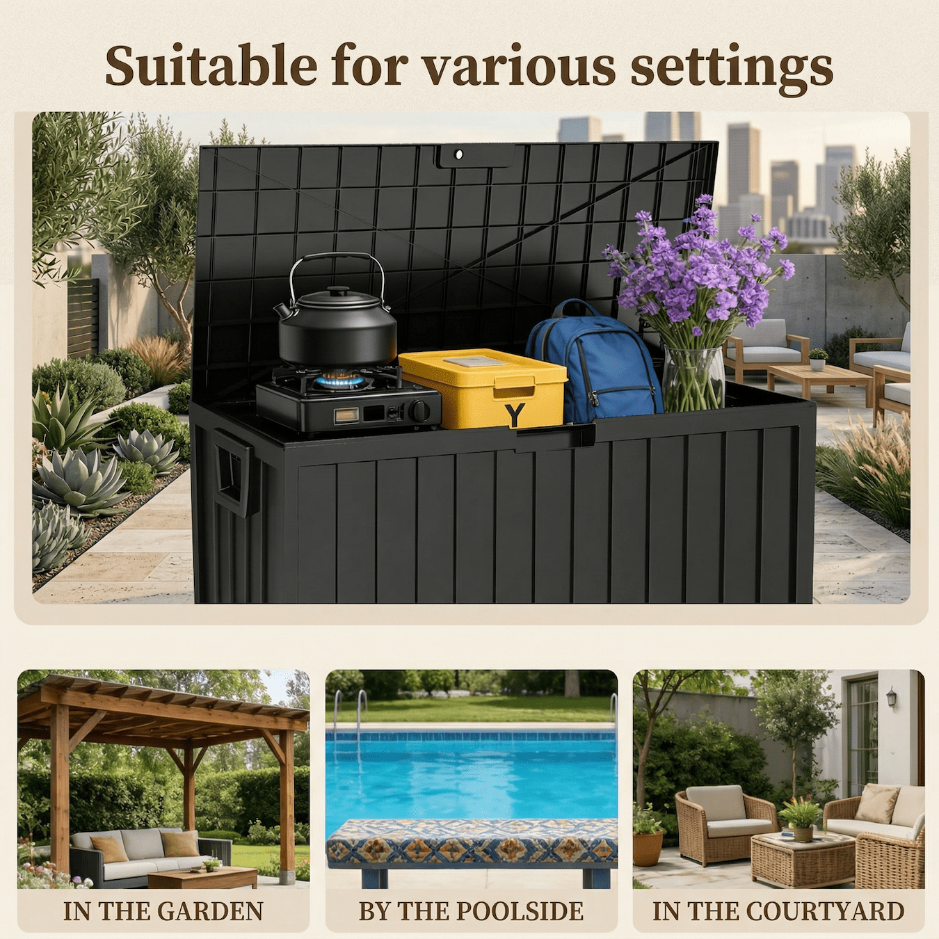 75 Gallon Outdoor Storage Box, Waterproof Lockable Deck Box, Heavy Duty Patio Cushion Storage Bin with Wheels & Seat, Resin Outdoor Storage for Garden Tools, Pool & Backyard – Black