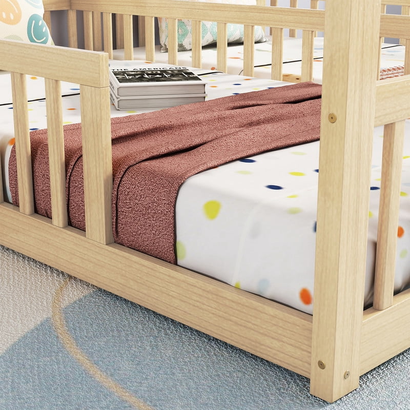 Mirightone Double Twin Bed Frames for , Twin House Bed for 2，Wood Montessori Floor Beds Frame with Fence Railings,（Natural）