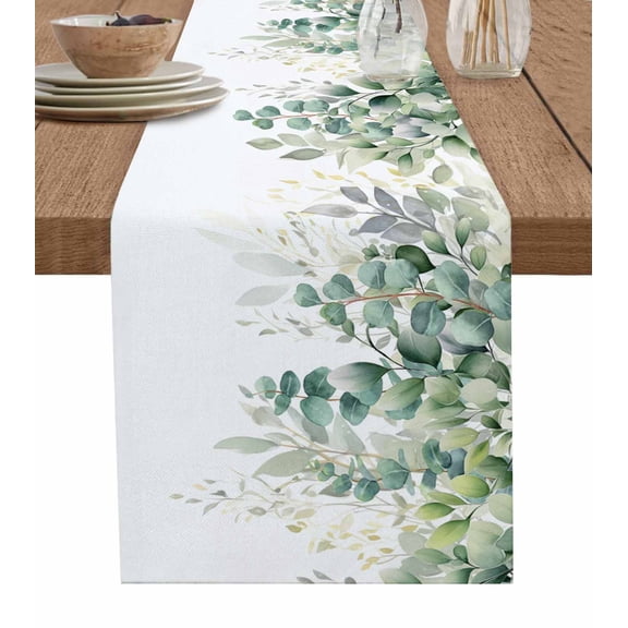 Table Runner 36 Inches Long for Kitchen Dining, Teal Botanical Dresser Scarf Farmhouse, Dining Table Decorations for Wedding/Parties, Sage Green Eucalyptus Leaves Watercolor 13 x 36 In