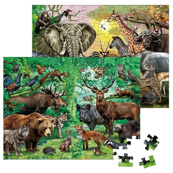 BenBen 100 Piece Double-Sided Jigsaw Puzzles for Kids 4-8, Jungle Animal Puzzle Toys for Girls, Boys