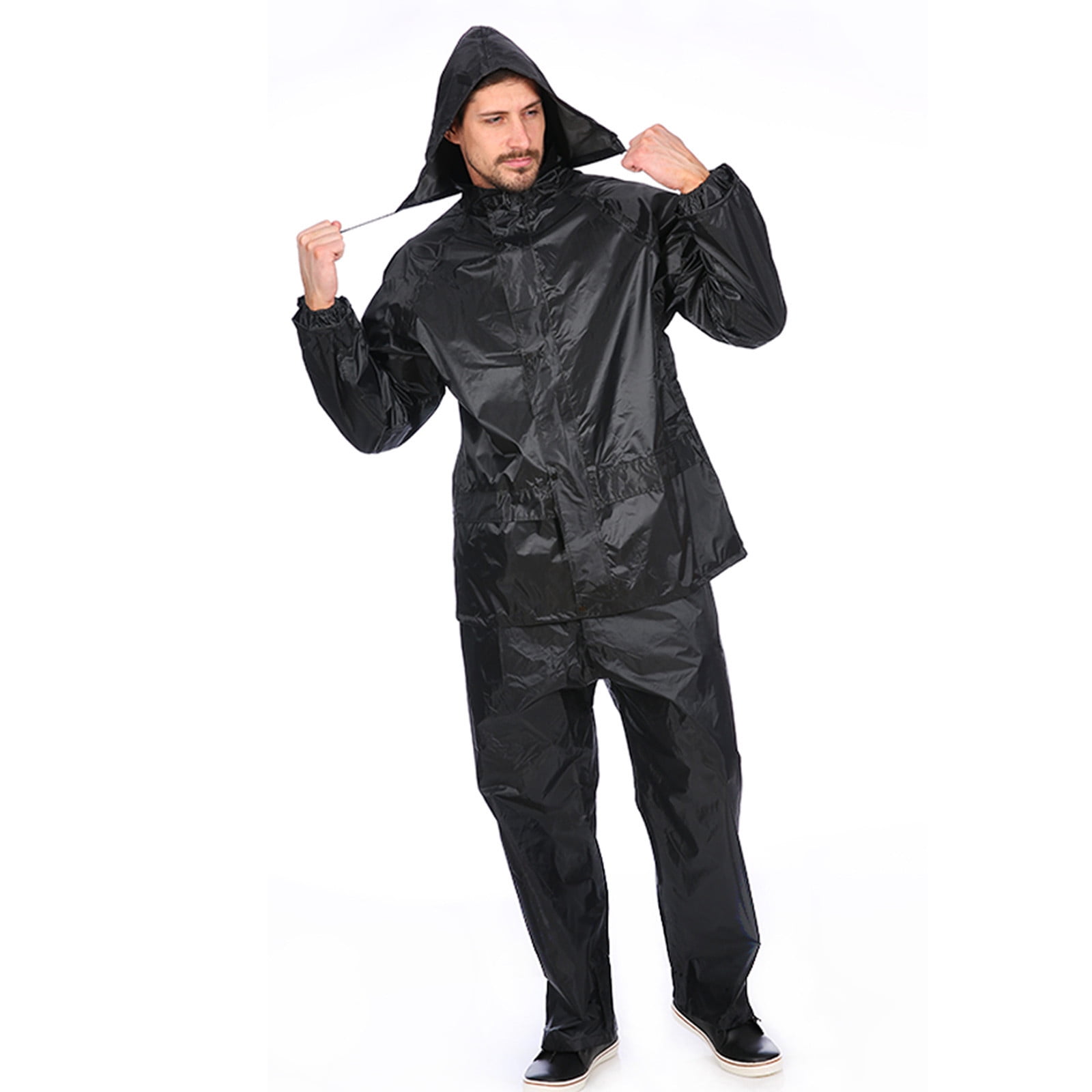 Ofreoo Mens Long Button-up Zipper Pocket Detachable Hat Split Sweatsuits 2 Piece Set Outdoor Hiking Raincoat Christmas Gift