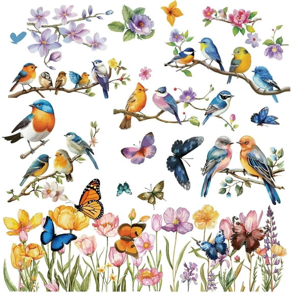 8 Sheets Bird Wall Stickers Flower Butterfly Window Stickers PVC Waterproof Self Adhesive Wall Decals Removable