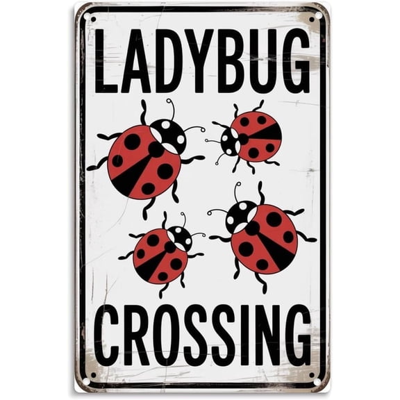 Ladybug Crossing Tin Sign, Vintage Ladybug Garden Metal Sign Print Aesthetic Room Decoration for Home Bedroom Kitchen Bar Dorm Bathroom Wall Decor 8 x 12 Inch