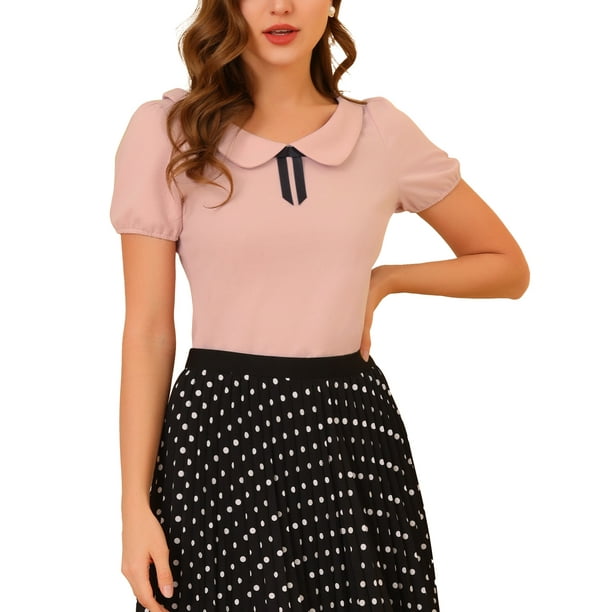 Blusa de Manga Corta con Cuello Peter Pan INSPIRE CHIC para Mujeres, Top Casual de Verano, L Rosa
