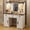 Beige + 3 Drawers, variant on 43.3" Farmhouse Makeup Vanity Desk with Lighted Mirror, Vanity Table Set with Charging Station, Dressing Table with Sliding Barn Door, Hidden Shelves, 3 Drawers and 4 Cabinets for Bedroom,Beige
