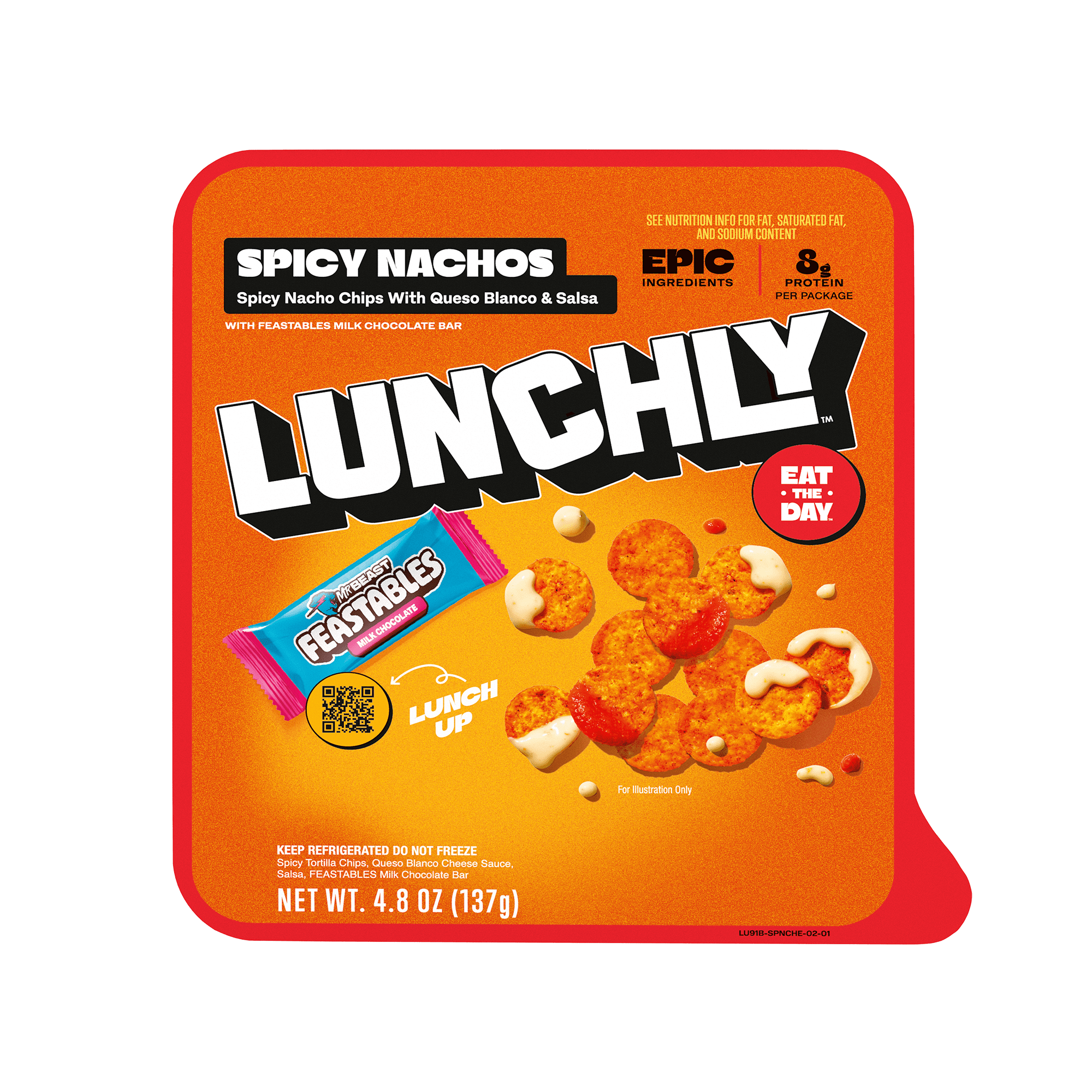 LUNCHLY Spicy Nachos Snack Kit with Feastables Milk Chocolate Bar, 8g Protein, Refrigerated, 1 Snack Kit