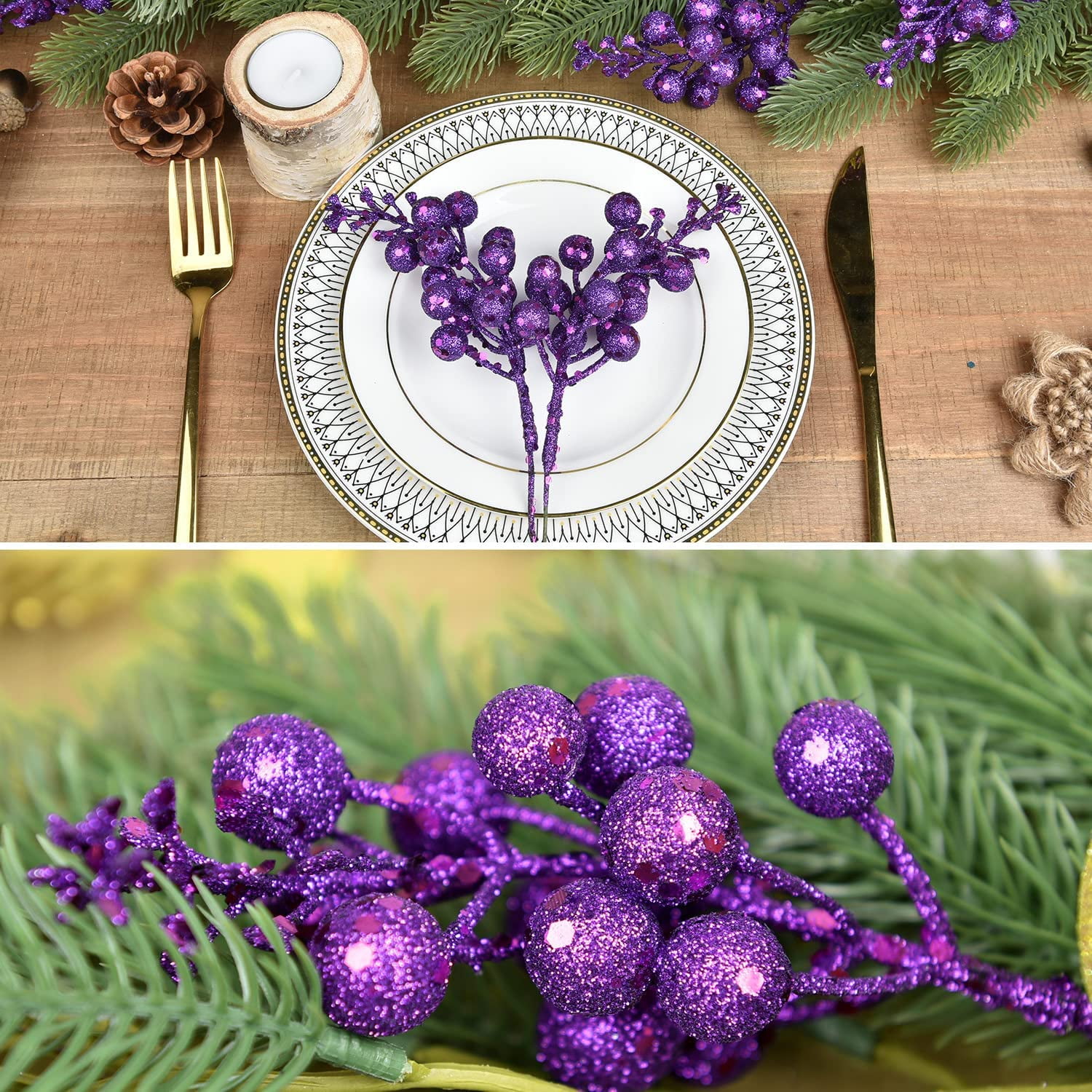 17 Pack Christmas Glitter Berries Stems, 7.8Inch Artificial Christmas Picks for Christmas Tree Ornaments, DIY Xmas Wreath, Crafts, Holiday and Home Decor (Light Purple)
