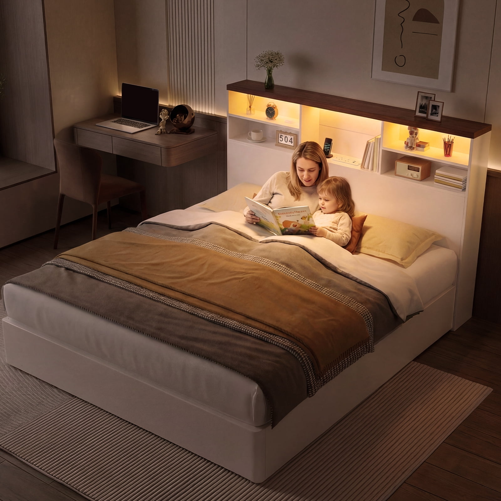 Advwin 63" Full/Queen Storage Headboard with LED Lights & Charging Station, Modern Bookcase Headboard, Space Saving Wood Headboard Only for Bedroom, White & Walnut