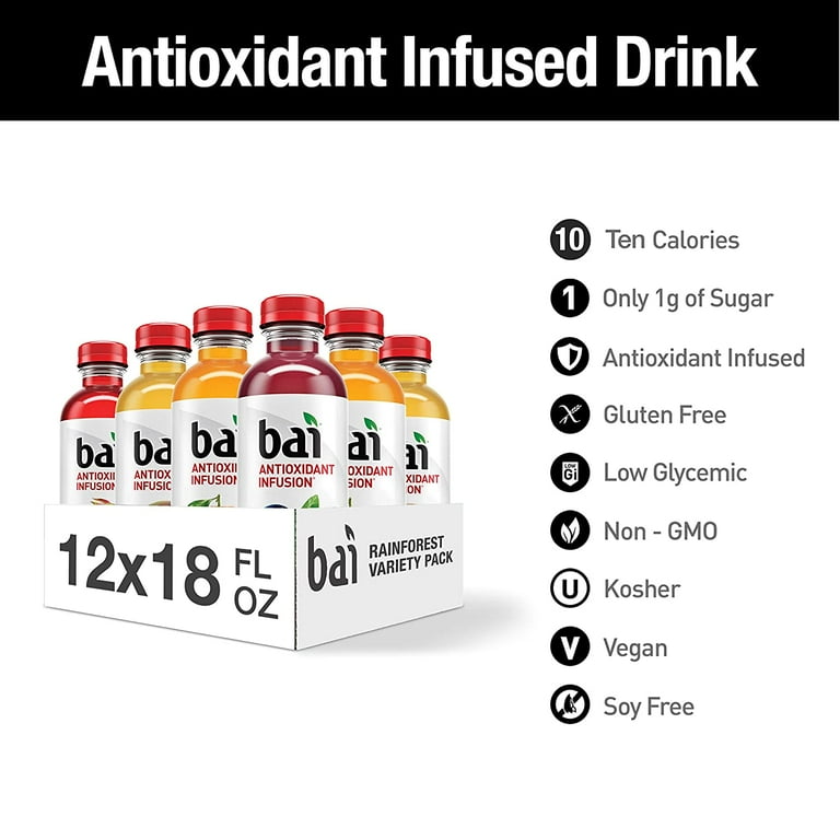 Bai Flavored Water, Rainforest Variety Pack, Antioxidant Infused Drinks, 18  Fluid Ounce Bottles, 12 Count, 3 Each of Brasilia Blueberry, Costa Rica