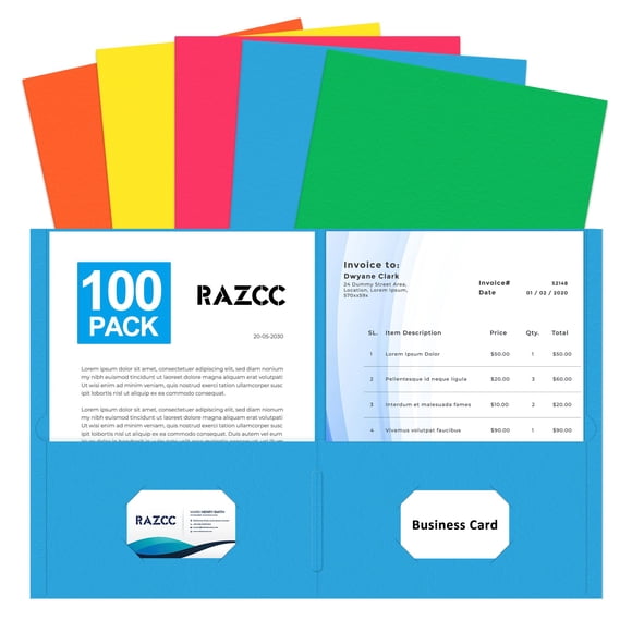 Two Pocket Folders, RAZCC 100 Pack File Folders with Pockets Fit Letter Size Paper, Thick Paper File Folder for School Office Business Home, Assorted