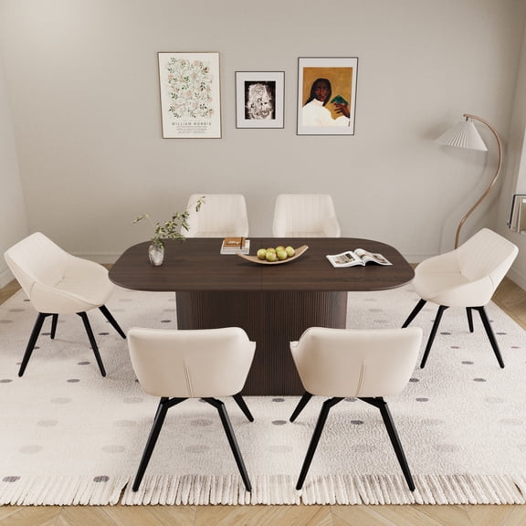 63 Inch Medieval Modern Brown MDF Dining Table with 6 Black Metal Leg PU Leather Chairs, Assembled Set for Home Kitchen Dining