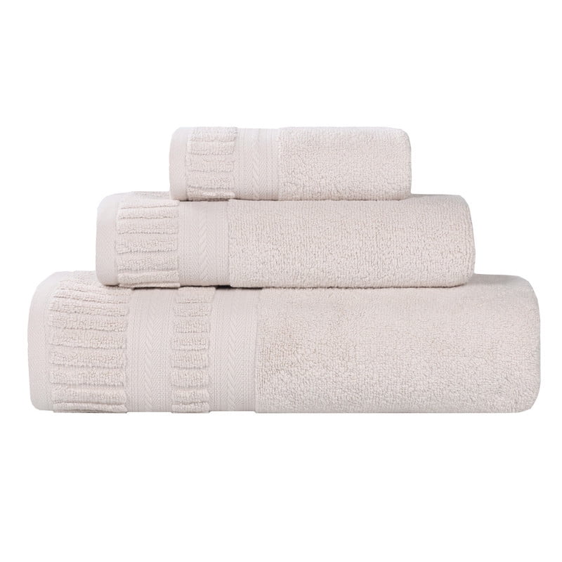 Superior Venice Ribbed Textured Border Zero Twist 3 Piece Towel Set, Silver
