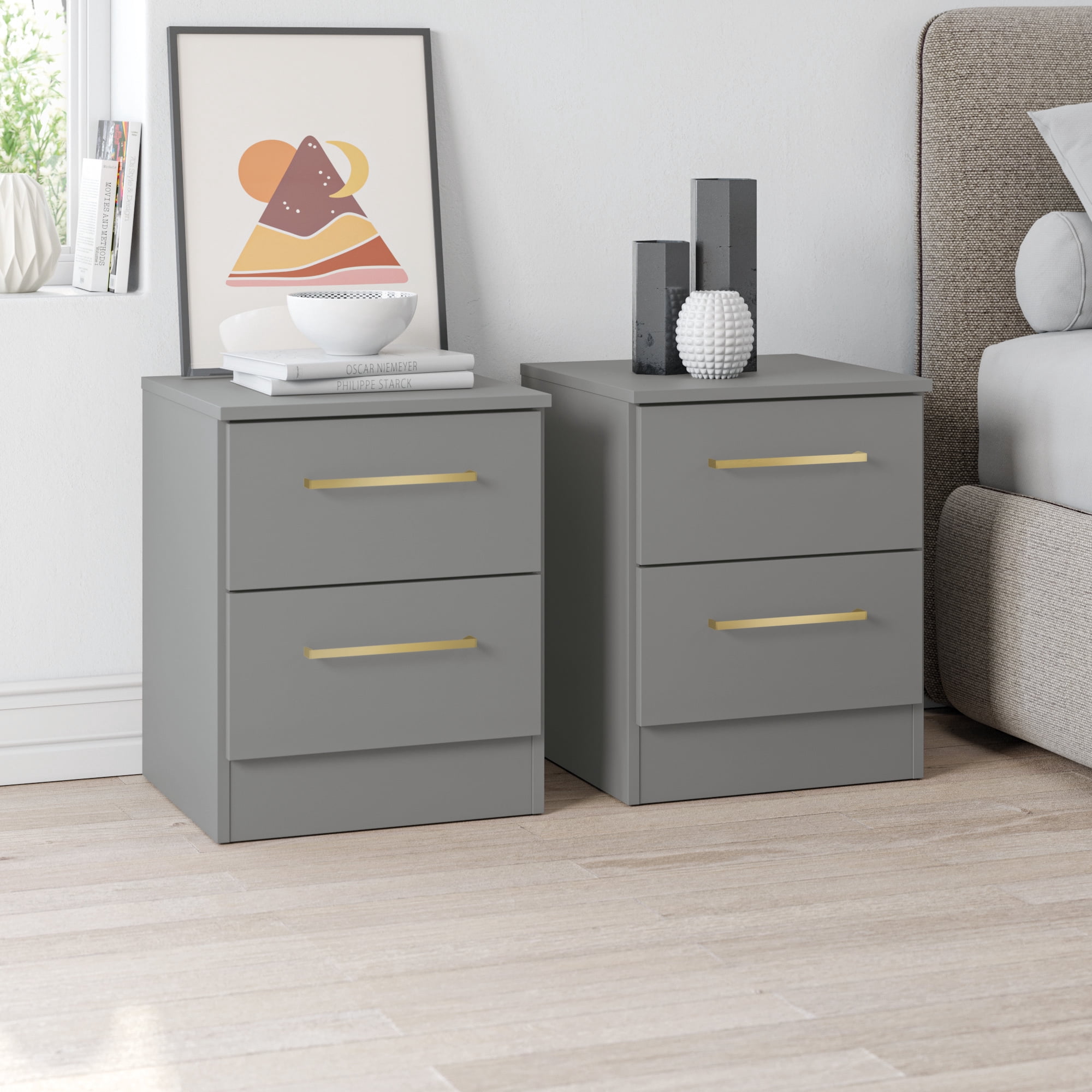 Kappesberg Jolyne 2-Drawer Nightstand Set of 2 with Gold Handles, Gray – Modern Bedroom Storage for Adults and Teens