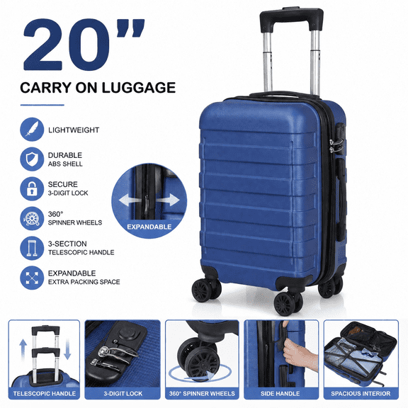 Blue 20 Inch Expandable Carry On Luggage, Hard Shell Spinner Wheels Suitcase with Combination Lock for Business Travel