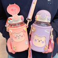 thumbnail image 5 of Botella de agua Kawaii para niñas, lindas botellas de agua con pajita, botella de agua portátil a prueba de fugas con oso Kawaii con correa y funda ajustables, para la escuela, 5 of 5