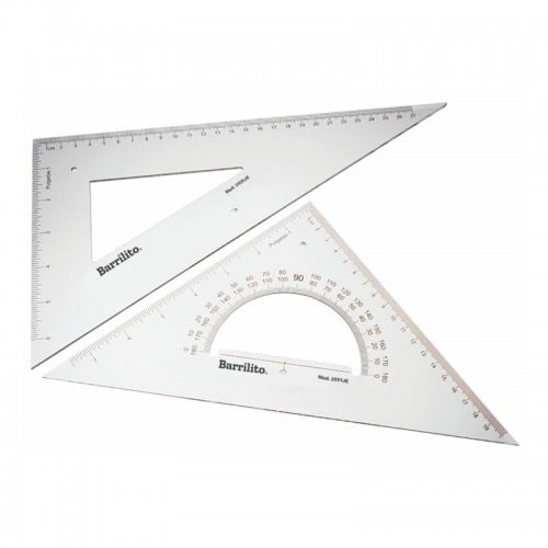 juego de 2 escuadras de 35 cm semiprofesionales de plástico transparente Barrilito, vista frontal de dos reglas triangulares claras: una con ventana interior y borde graduado a 35 cm; otra con transportador de 180° impreso y marcas métricas, logo Barrilito visible, sobre fondo blanco; ideal para dibujo técnico.