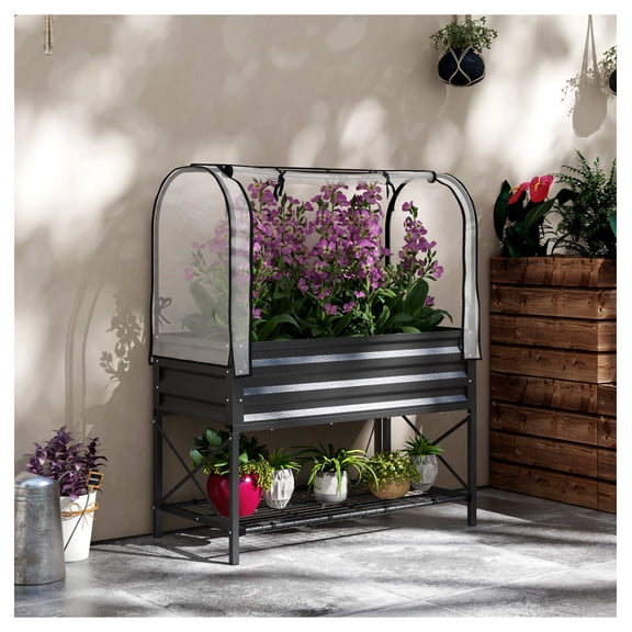 Raised Garden Bed with Legs & Cover, Metal Elevated Planter Box with Shelf, 41.75"x21.25", Black, for Vegetables, Flowers, Small Spaces