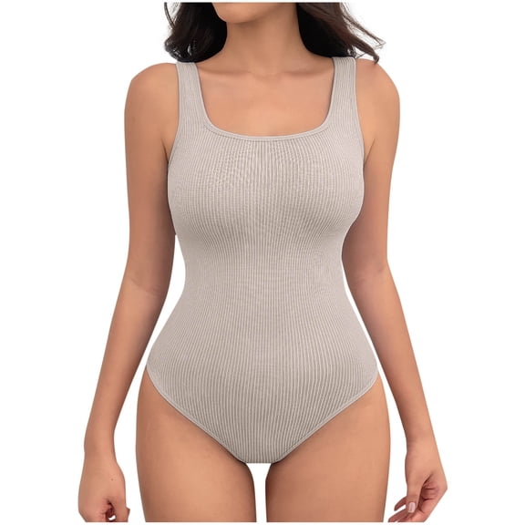 Women's Ribbed Bodysuit Square Neck Sleeveless Seamless Shapewear Tank Top Khaki L