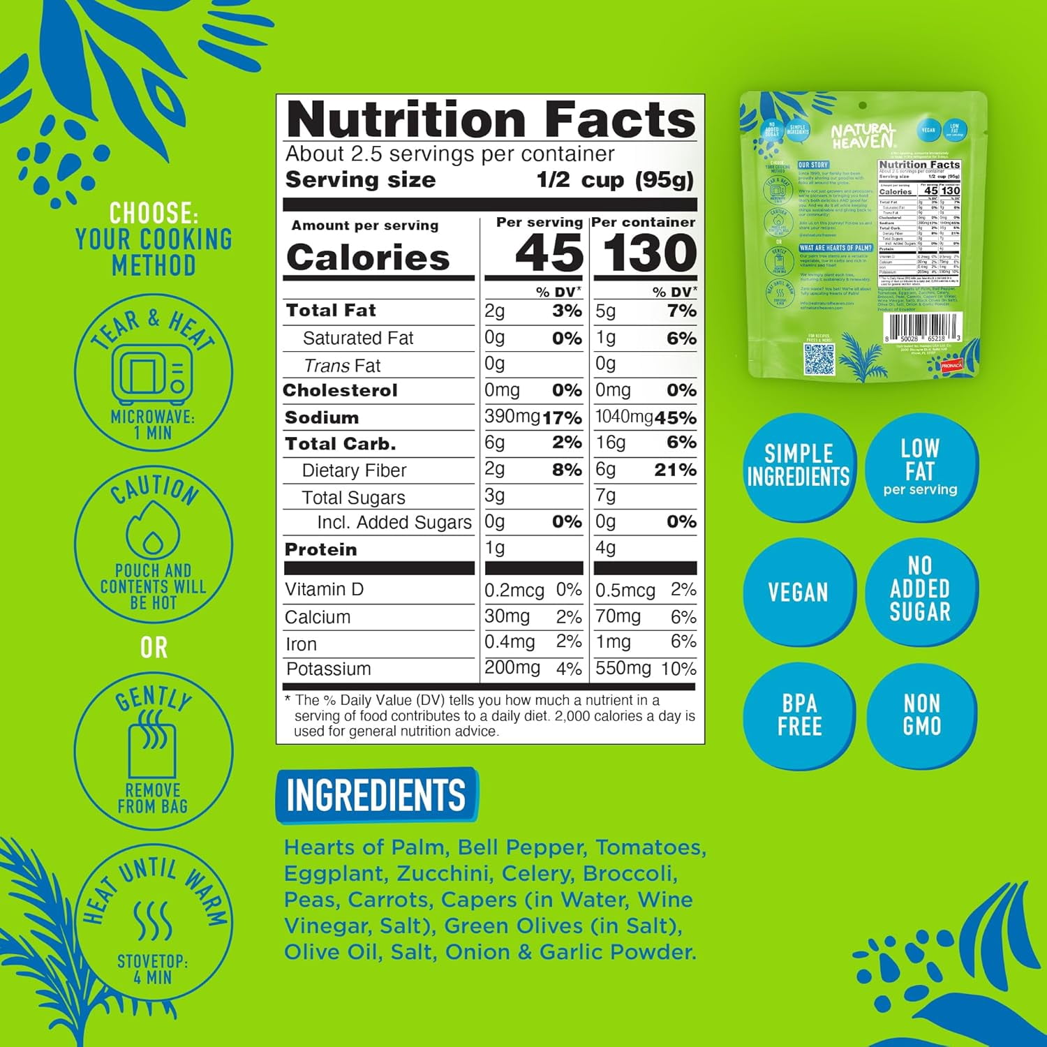 Natural Heaven Hearts of Palm Ready Meals Mediterranean Flavor, Low Calorie Prepared Food, Keto Meal Ready to Eat, Low Carb Quick Meals, Gluten Free, Vegan Healthy Microwave Meals (Pack of 6-9 Oz Ea)