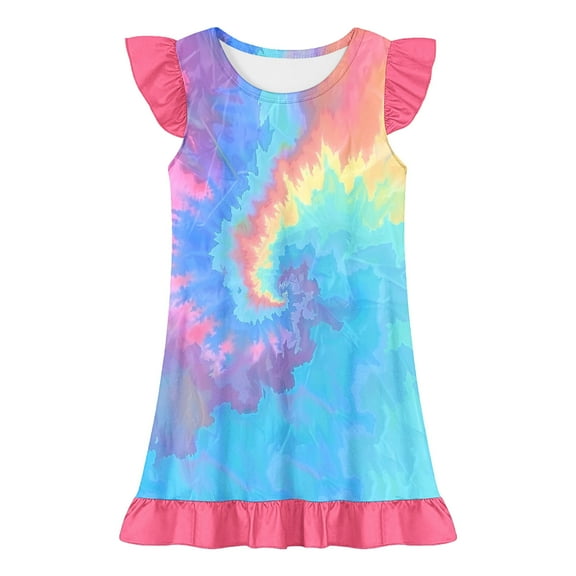 Delliss Girls Fashion Print Dress Party Flying Sleeve A-Line Flounce Hem Loose Summer Clothes Pink 5 Years